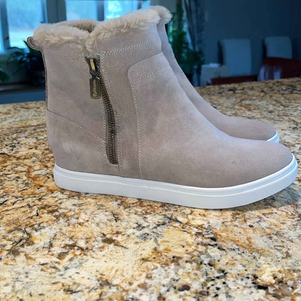 Blondo Taupe Suede Fur-Lined Wedge Sneaker Booties with Side Zip